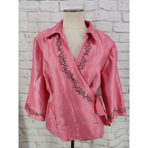 Vintage Dressbarn Wrap Top Embroidered Size 16W Pink Feminine Romantic Cottage
